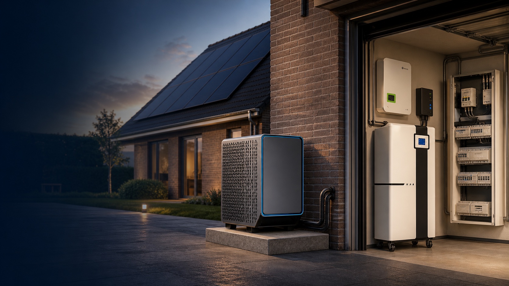 Woning met zonnepanelen, Fairland warmtepomp, batterij en meterkast