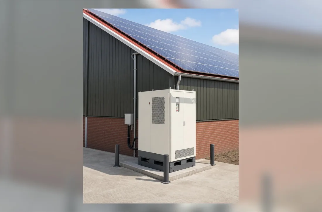 Illustratie van een zakelijke opslagopstelling naast een gebouw met zonnepanelen
